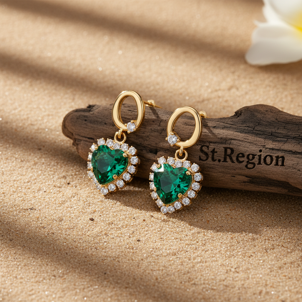 Green Crystal & Cubic Zirconia 18K Gold-Plated Halo Heart Huggie Drop Earrings - Street Region
