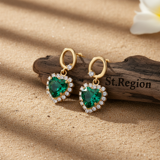 Green Crystal & Cubic Zirconia 18K Gold-Plated Halo Heart Huggie Drop Earrings - Street Region