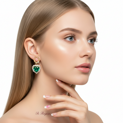 Green Crystal & Cubic Zirconia 18K Gold-Plated Halo Heart Huggie Drop Earrings - Street Region