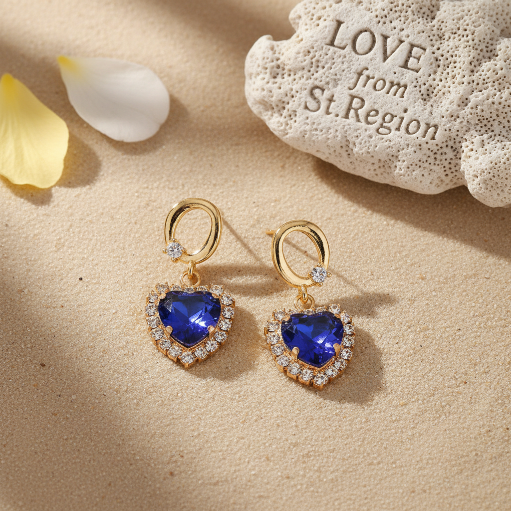 Navy Crystal & Cubic Zirconia 18K Gold-Plated Halo Heart Huggie Drop Earrings - Street Region