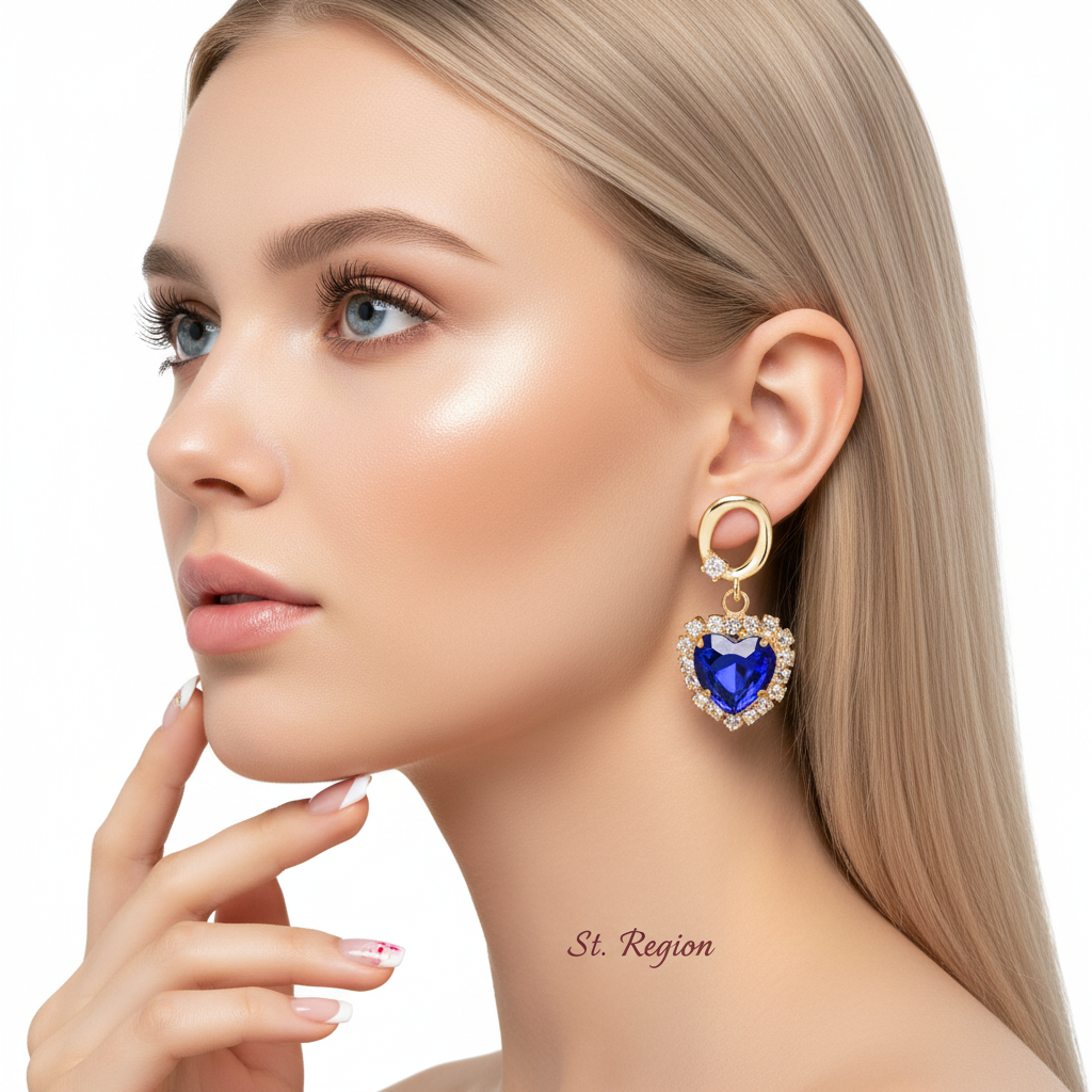 Navy Crystal & Cubic Zirconia 18K Gold-Plated Halo Heart Huggie Drop Earrings - Street Region