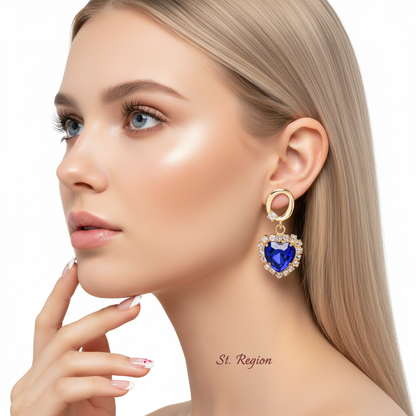 Navy Crystal & Cubic Zirconia 18K Gold-Plated Halo Heart Huggie Drop Earrings - Street Region