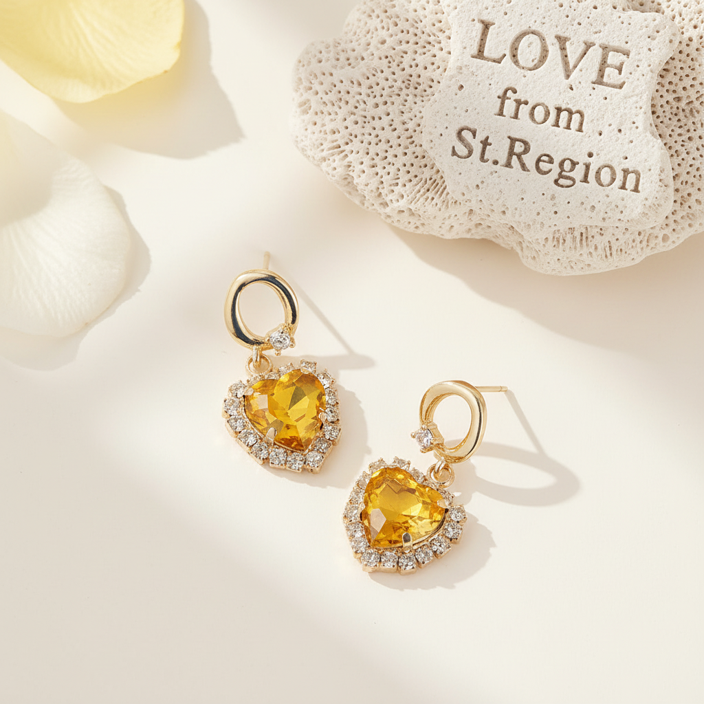 Yellow Crystal & 18K Gold-Plated Halo Heart Huggie Drop Earrings - Street Region