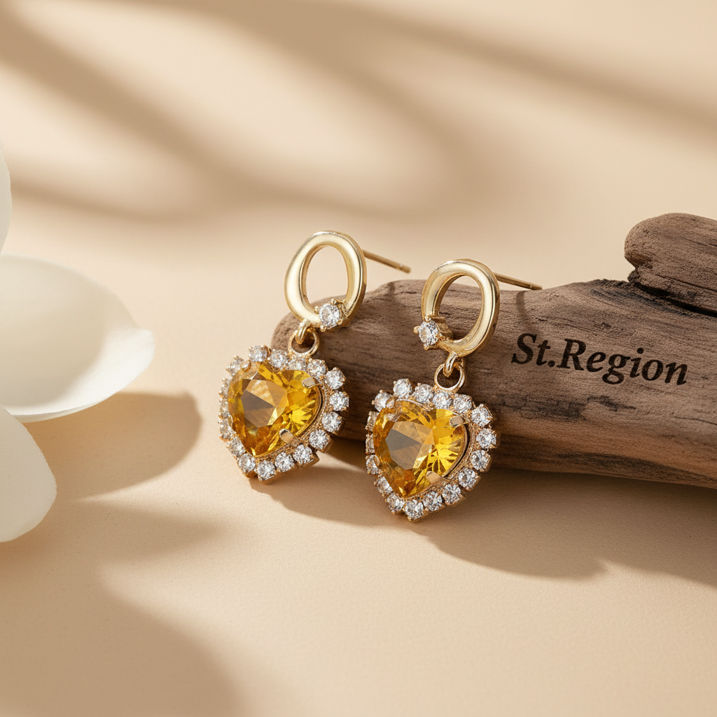 Yellow Crystal & 18K Gold-Plated Halo Heart Huggie Drop Earrings - Street Region