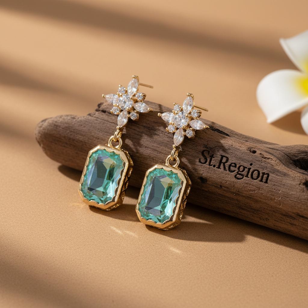 Green Crystal and Cubic Zirconia Goldtone Star Rectangle Dangle Earrings, gold drop earrings for women, front view