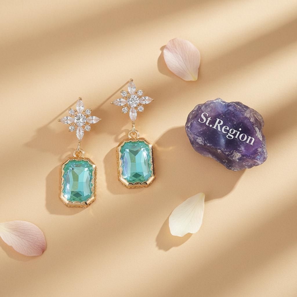 Green Crystal and Cubic Zirconia Goldtone Star Rectangle Dangle Earrings, gold drop earrings for women, detail close-up