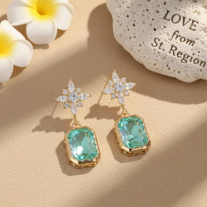 Green Crystal and Cubic Zirconia Goldtone Star Rectangle Dangle Earrings, gold drop earrings for women, lifestyle look