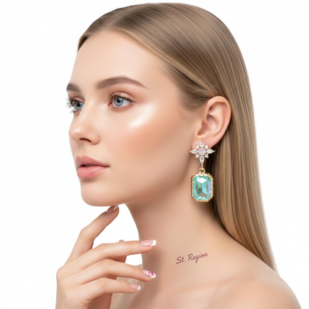 Green Crystal and Cubic Zirconia Goldtone Star Rectangle Dangle Earrings, gold drop earrings for women, styled look