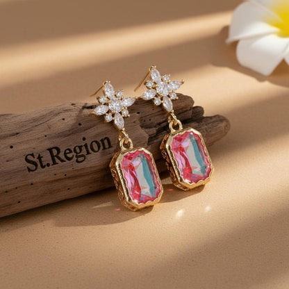 Orange Crystal and Cubic Zirconia Goldtone Star Rectangle Dangle Earrings, gold drop earrings for women, front view