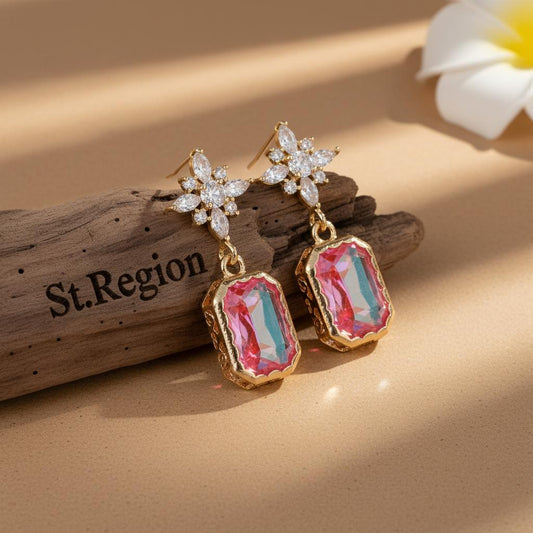 Orange Crystal & Cubic Zirconia Goldtone Star Rectangle Dangle Earrings