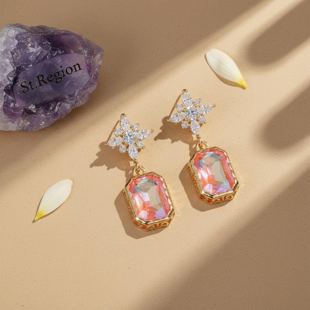 Orange Crystal and Cubic Zirconia Goldtone Star Rectangle Dangle Earrings, gold drop earrings for women, detail close-up