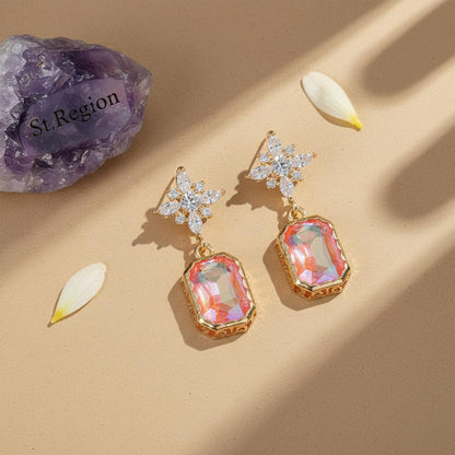 Orange Crystal and Cubic Zirconia Goldtone Star Rectangle Dangle Earrings, gold drop earrings for women, detail close-up