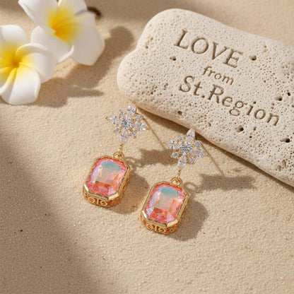 Orange Crystal and Cubic Zirconia Goldtone Star Rectangle Dangle Earrings, gold drop earrings for women, lifestyle look