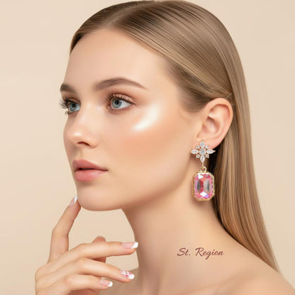 Orange Crystal and Cubic Zirconia Goldtone Star Rectangle Dangle Earrings, gold drop earrings for women, styled look