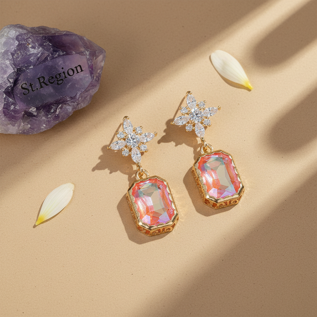 Orange Crystal & Cubic Zirconia Goldtone Star Rectangle Dangle Earrings - Street Region