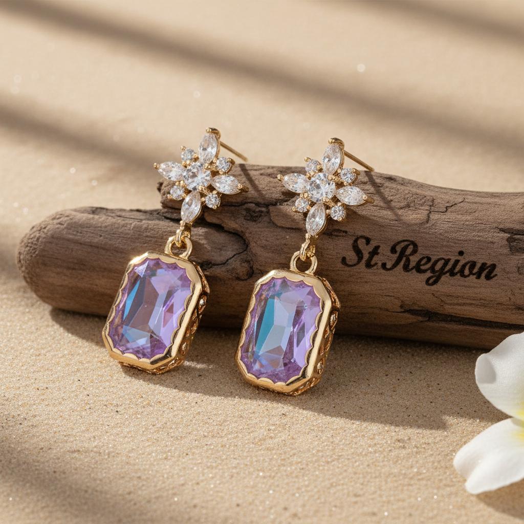 Purple Crystal and Cubic Zirconia Goldtone Star Rectangle Dangle Earrings, gold drop earrings for women, front view