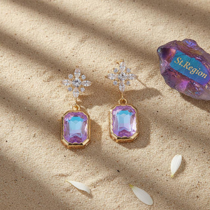 Purple Crystal and Cubic Zirconia Goldtone Star Rectangle Dangle Earrings, gold drop earrings for women, detail close-up