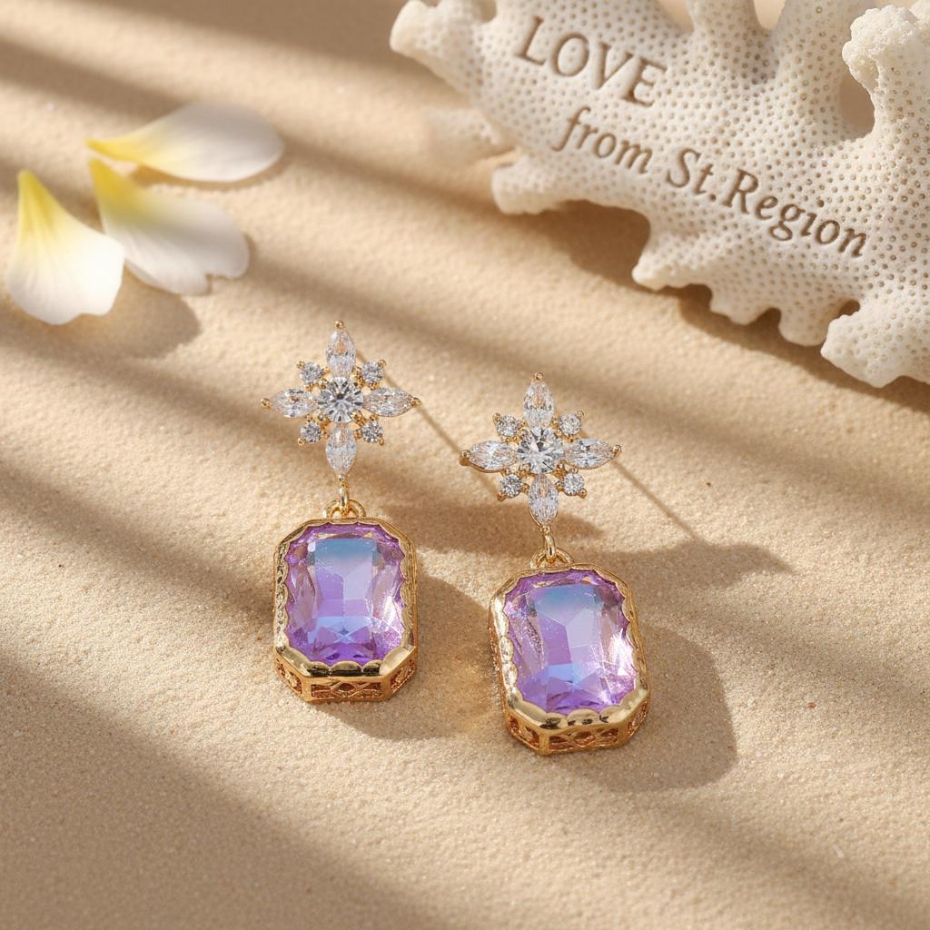 Purple Crystal and Cubic Zirconia Goldtone Star Rectangle Dangle Earrings, gold drop earrings for women, lifestyle look