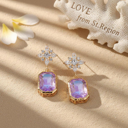 Purple Crystal and Cubic Zirconia Goldtone Star Rectangle Dangle Earrings, gold drop earrings for women, lifestyle look