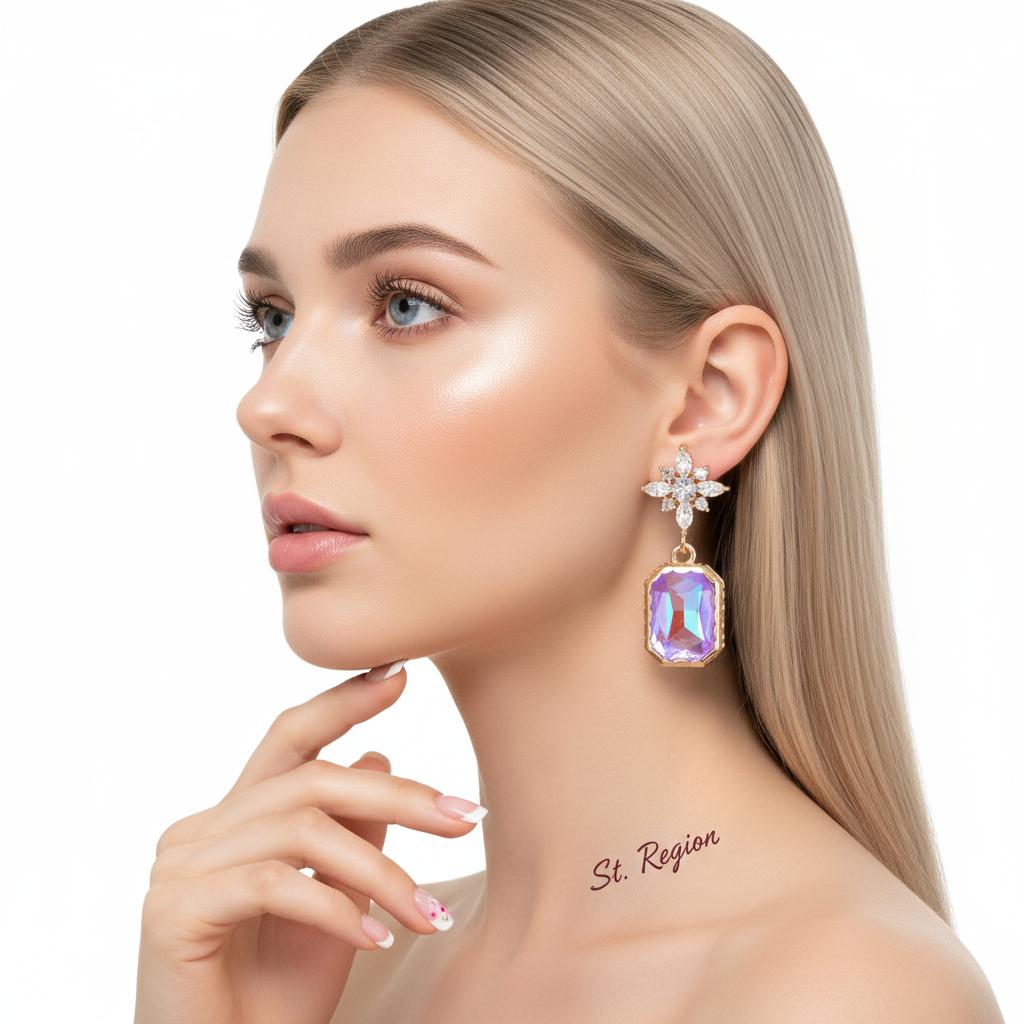 Purple Crystal and Cubic Zirconia Goldtone Star Rectangle Dangle Earrings, gold drop earrings for women, styled look