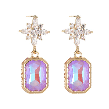 Purple Crystal & Cubic Zirconia Goldtone Star Rectangle Dangle Earrings