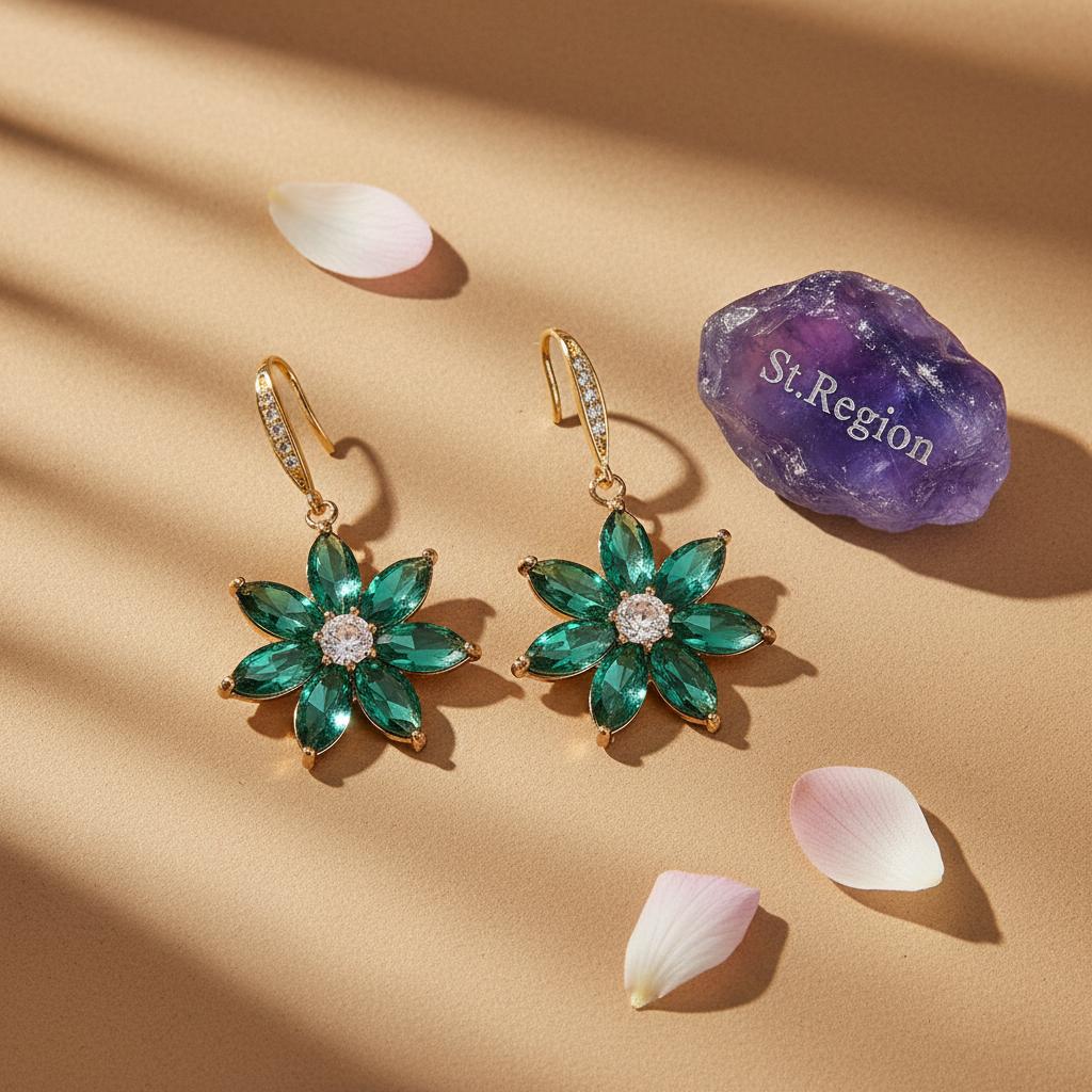 Emerald Crystal and Cubic Zirconia Goldtone Flower Hook Earrings, gold drop earrings for women, detail close-up