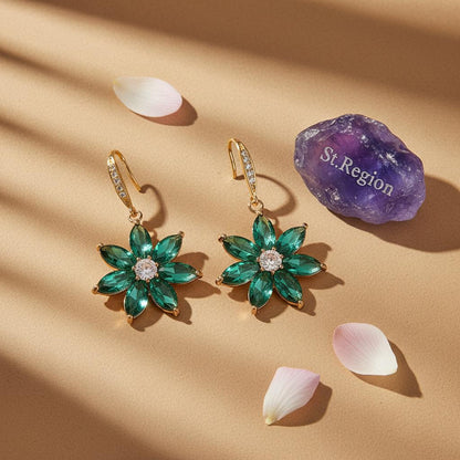 Emerald Crystal and Cubic Zirconia Goldtone Flower Hook Earrings, gold drop earrings for women, detail close-up