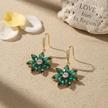 Emerald Crystal and Cubic Zirconia Goldtone Flower Hook Earrings, gold drop earrings for women, lifestyle look