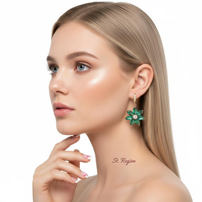 Emerald Crystal and Cubic Zirconia Goldtone Flower Hook Earrings, gold drop earrings for women, styled look