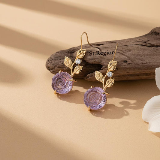 Purple Resin and Cubic Zirconia Goldtone Flower Dangle Earrings, gold drop earrings for women, front view