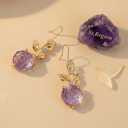 Purple Resin and Cubic Zirconia Goldtone Flower Dangle Earrings, gold drop earrings for women, detail close-up