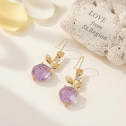 Purple Resin and Cubic Zirconia Goldtone Flower Dangle Earrings, gold drop earrings for women, lifestyle look