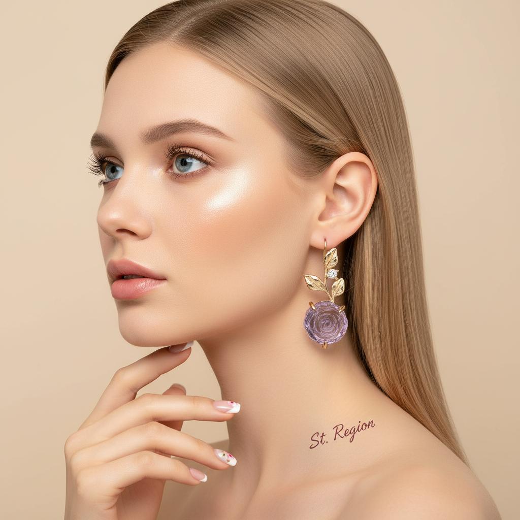 Purple Resin and Cubic Zirconia Goldtone Flower Dangle Earrings, gold drop earrings for women, styled look
