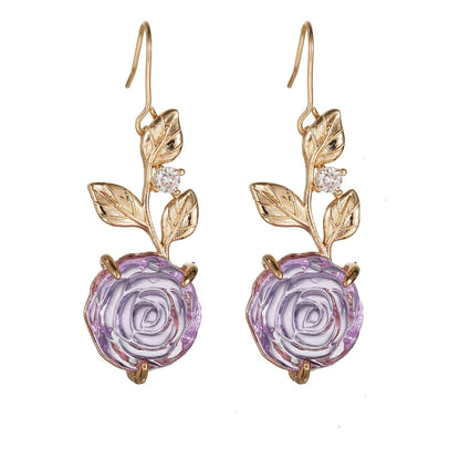 Purple Resin & Cubic Zirconia Goldtone Flower Dangle Earrings