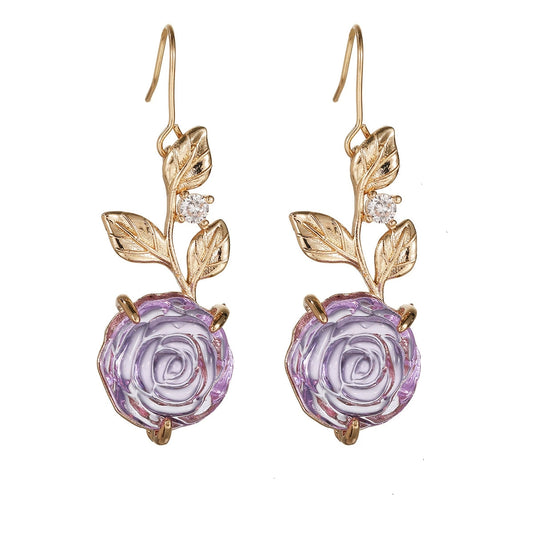 Purple Resin & Cubic Zirconia Goldtone Flower Dangle Earrings