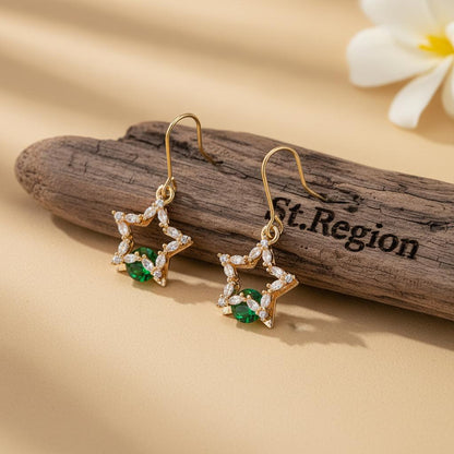 Green Crystal and Cubic Zirconia Goldtone Stacked Star Hook Earrings, gold drop earrings for women, front view