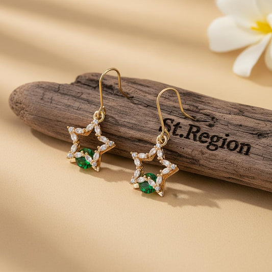 Green Crystal & Cubic Zirconia Goldtone Stacked Star Hook Earrings