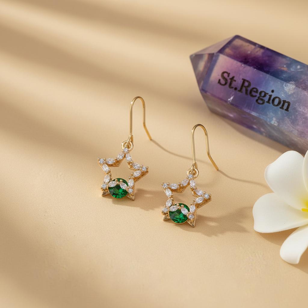 Green Crystal and Cubic Zirconia Goldtone Stacked Star Hook Earrings, gold drop earrings for women, detail close-up