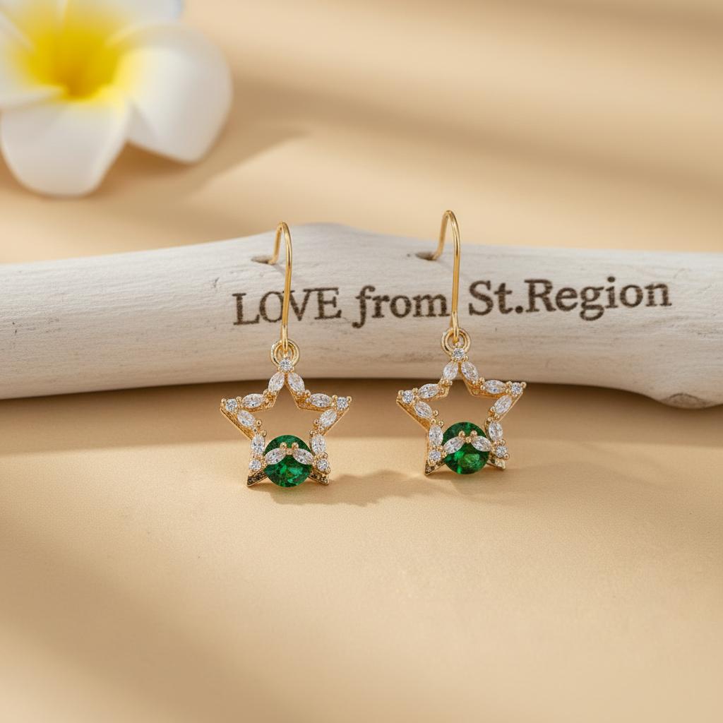 Green Crystal and Cubic Zirconia Goldtone Stacked Star Hook Earrings, gold drop earrings for women, lifestyle look