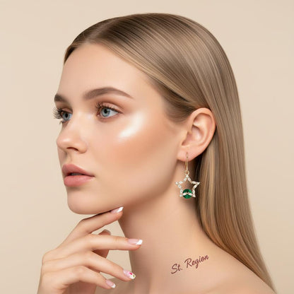 Green Crystal and Cubic Zirconia Goldtone Stacked Star Hook Earrings, gold drop earrings for women, styled look