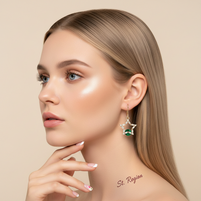 Green Crystal & Cubic Zirconia Goldtone Stacked Star Hook Earrings - Street Region