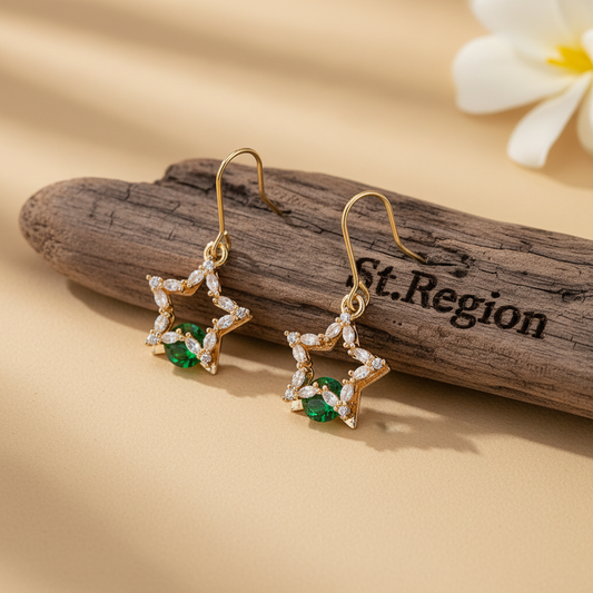 Green Crystal & Cubic Zirconia Goldtone Stacked Star Hook Earrings - Street Region