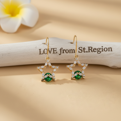 Green Crystal & Cubic Zirconia Goldtone Stacked Star Hook Earrings - Street Region