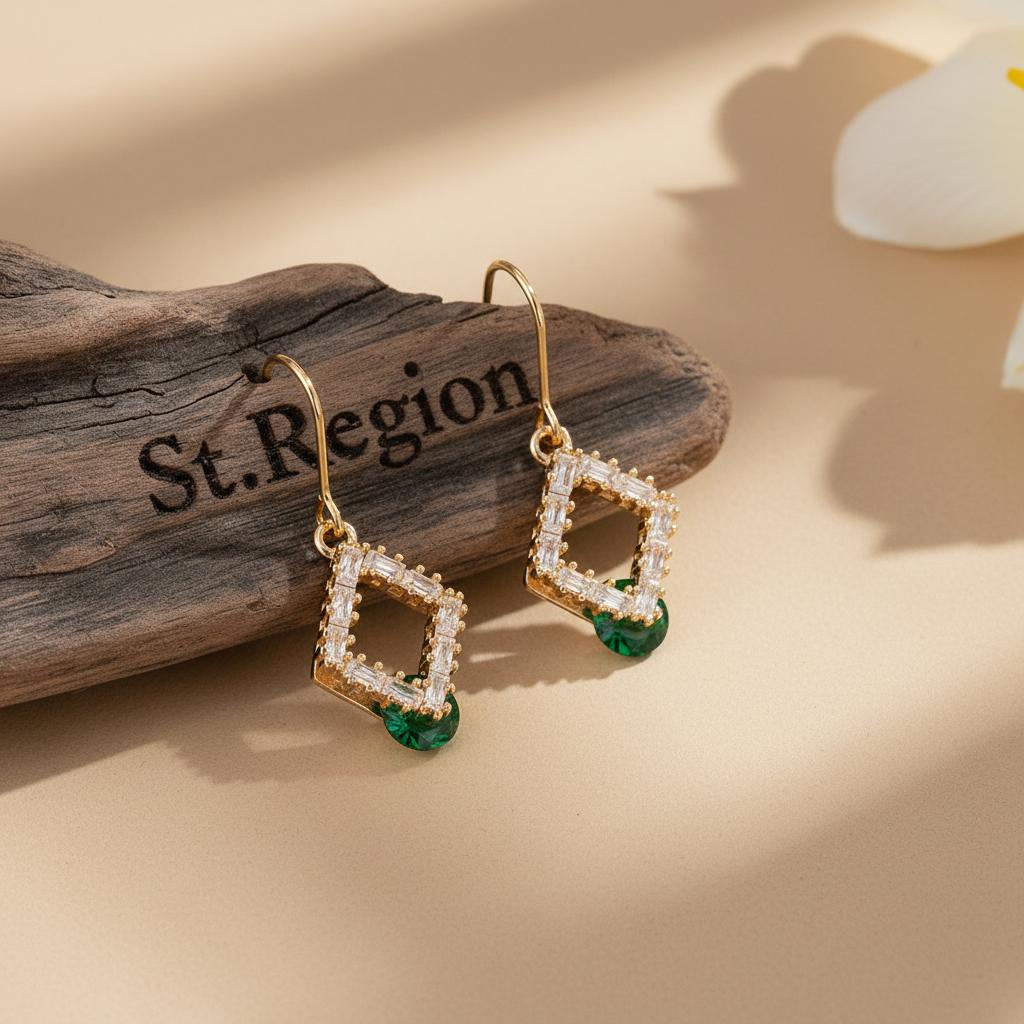 Green Crystal and Cubic Zirconia Goldtone Stacked Rhombus Hook Earrings, gold drop earrings for women, front view