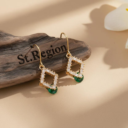 Green Crystal and Cubic Zirconia Goldtone Stacked Rhombus Hook Earrings, gold drop earrings for women, front view