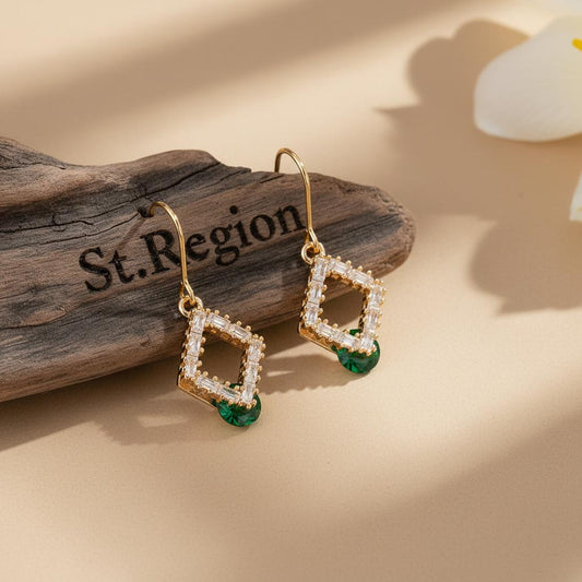 Green Crystal & Cubic Zirconia Goldtone Stacked Rhombus Hook Earrings