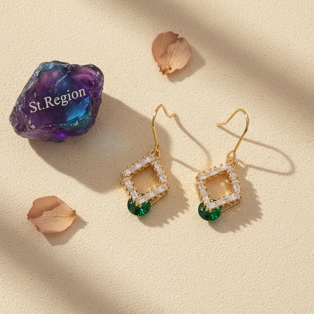 Green Crystal and Cubic Zirconia Goldtone Stacked Rhombus Hook Earrings, gold drop earrings for women, detail close-up