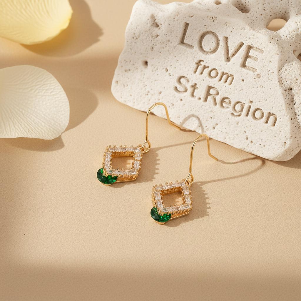 Green Crystal and Cubic Zirconia Goldtone Stacked Rhombus Hook Earrings, gold drop earrings for women, lifestyle look