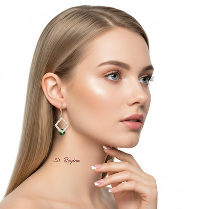 Green Crystal and Cubic Zirconia Goldtone Stacked Rhombus Hook Earrings, gold drop earrings for women, styled look