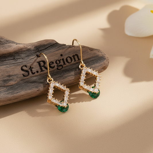 Green Crystal & Cubic Zirconia Goldtone Stacked Rhombus Hook Earrings - Street Region